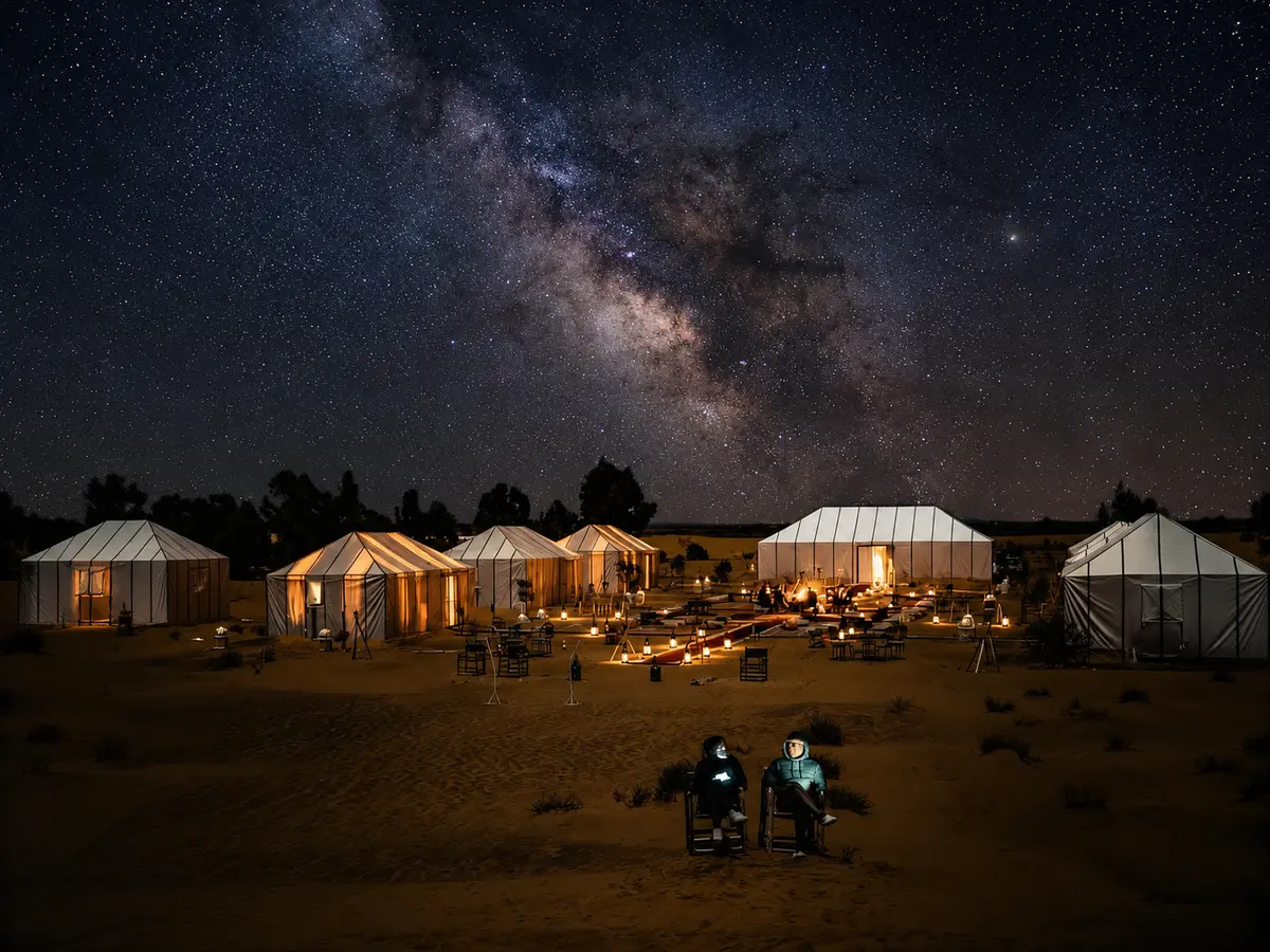 Noche en el desierto de Merzouga, campamento de jaimas bajo las estrellas